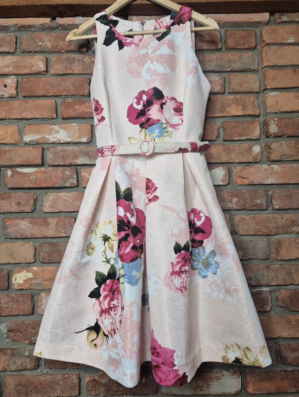 Gabby Skye Size 8 Pink Floral Jacquard Fit Flare Midi Dress Belted Wedding
